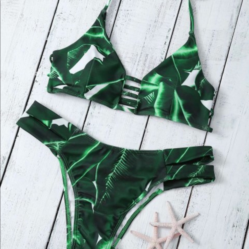 Green and white green leaf bikini